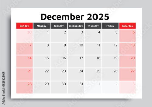 2025 december calendar. A vector English winter monthly calendars. Design Sunday start