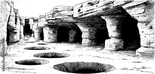 Engraved decorative illustration of cavernous limestone natural formation