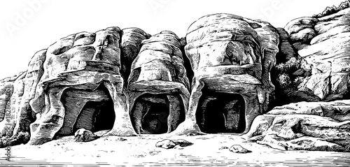 Engraved decorative illustration of cavernous limestone formations