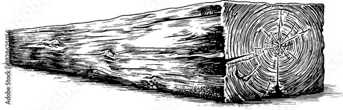 Engraved vintage illustration of chiseled wooden beam end for design and decoration