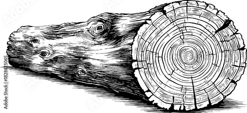 Decorative engraving of chiseled wooden beam end for rustic design and art projects