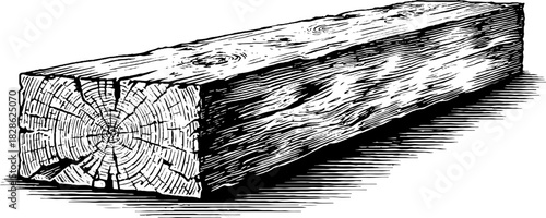 Vintage engraving of a chiseled wooden beam end for decorative design and craft projects