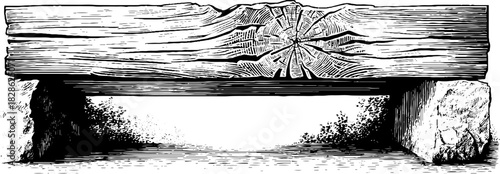 Vintage engraving of chiseled wooden beam end with decorative details for retro design projects