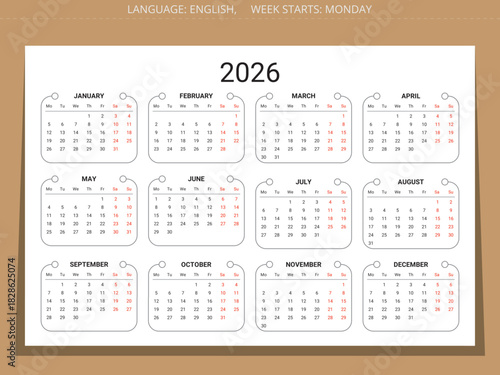 2026 english artistic modern year calendar. Vector illustration. Week starts monday