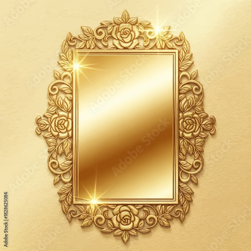 Ornate golden mirror with floral design isolated on white background silhouette