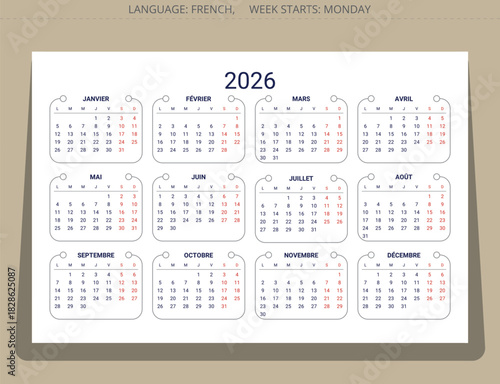 2026 french calendar (Francais calendrier). Vector year illustration for France
