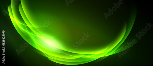 Abstract green waves, bright center glow. Smooth curves create dynamic visual effect. Dark background emphasizes luminosity.