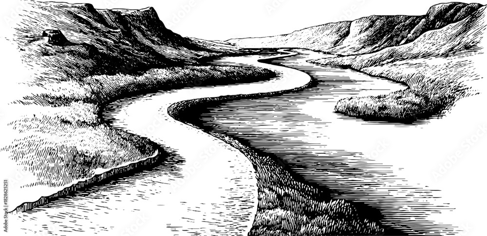 Fototapeta premium Engraved illustration of converging natural stream in vintage style for design