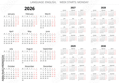 2025, 2026, 2027, 2028, 2029 years english vector calendars 12 months. Week starts monday