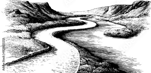 Engraved illustration of converging natural stream in vintage style for design