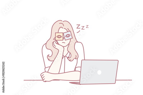 tired woman dozing at laptop during late study shift, glasses perched and head on hand with zzz bubble, minimal desk setup and muted pastel tones conveying burnout and quiet exhaustion