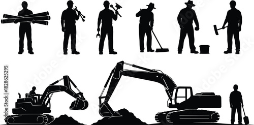 Construction worker silhouette set with excavator machinery, men holding tools and digging equipment, heavy industry labor, cad drawing flat vector illustration.