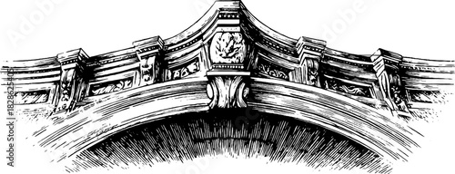 Vintage engraved decorative illustration of curved multi-tier ornament for retro design projects