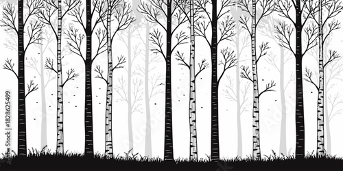 A monochrome illustration of a dense birch forest with grass in the foreground area