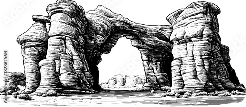 Eroded limestone arch with decorative engraving: vintage sketch for retro design
