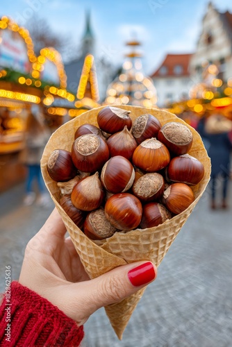 Hand holding chestnut snack at a christmas market