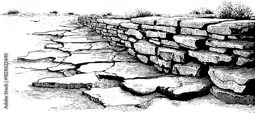 Vintage engraving of exposed clay terrace wall with decorative elements for design