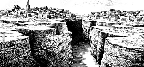 Detailed engraved antique illustration of cliffside village with exposed clay terrace