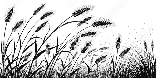 Silhouette illustration of wheat field with flying seeds in a monochrome design style