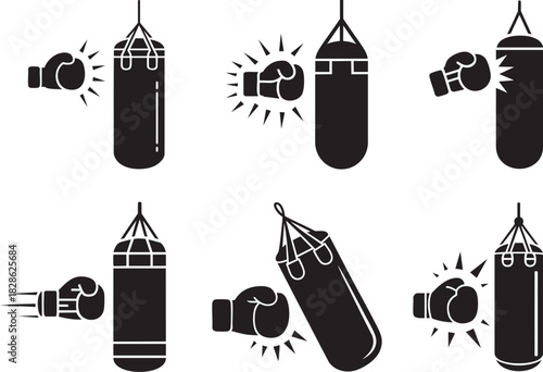 Collection of boxing glove punching bag icons showing impact, strength training, combat workout actions for fitness and martial arts design