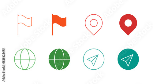 Flat Colored Map and Location Icon Set in Outline and Solid Style for Navigation and Internationalization