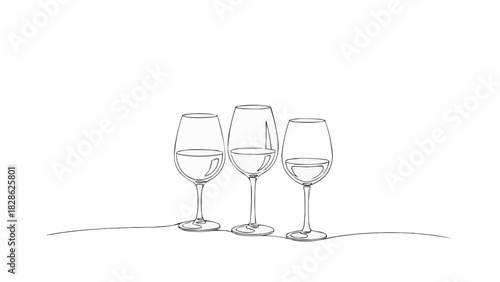 Continuous line drawing of three wine glasses partially filled with liquid on a white background scene
