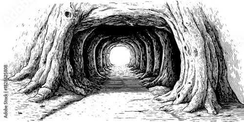 Vintage engraved illustration of a hollow driftwood archway tunnel for retro design projects