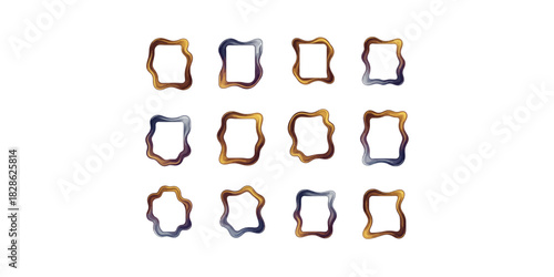 Collection of ornate wavy decorative picture frames in gold and silver tones isolated on transparent background
