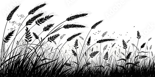 Silhouette illustration of wheat field with flying insects in black and white style