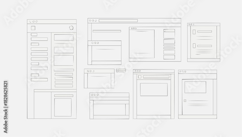 Illustration of multiple wireframe browser windows arranged on a white background in a simple style