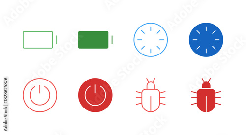 Flat Colored Battery and Bug Report Icon Set in Outline and Solid Style for System Status and Diagnostics
