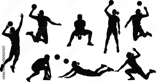 Dynamic volleyball player silhouettes set, black and white vector collection of athletes jumping, spiking and diving for sports logo design.