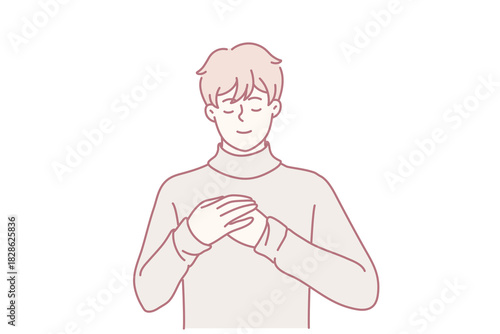 serene person enjoying tea, peaceful figure with warm beverage, relaxed individual cradling hot drink in tranquility, calm person gently holding warm cup with mindful composure in simple art