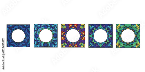 Five colorful geometric stained glass window frames with circular openings isolated on transparent background