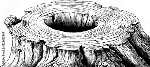 Driftwood interior design rustic decor engraved decorative illustration hollow woodcut.
