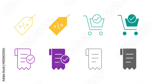 Flat Colored Discount and Invoice Icon Set in Outline and Solid Style for Financial and Sales Processes