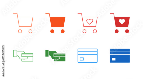 Flat Colored E-commerce Payment Icon Set in Outline and Solid Style for Shopping and Financial Transaction