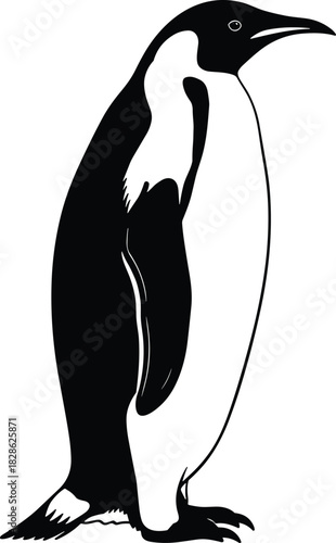 Emperor penguin silhouette, standing black bird icon, antarctic wildlife design, winter nature symbol, isolated art, cad drawing flat vector illustration