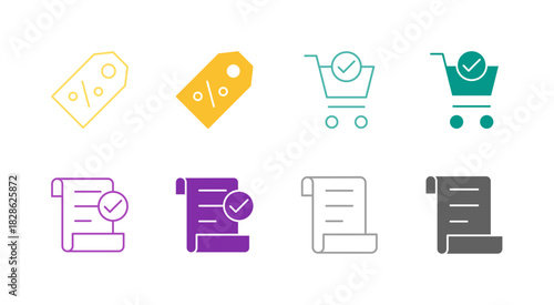 Flat Colored Discount and Invoice Icon Set in Outline and Solid Style for Financial and Sales Processes