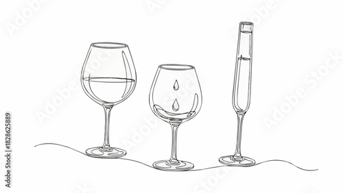 Single line drawing of three wine glasses with liquid on a white background surface design art