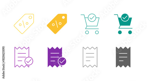 Flat Colored Discount and Invoice Icon Set in Outline and Solid Style for Financial and Sales Processes