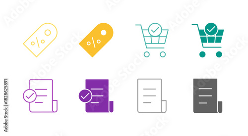 Flat Colored Discount and Invoice Icon Set in Outline and Solid Style for Financial and Sales Processes