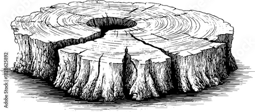 Intricate engraved illustration of hollow driftwood interior design for posters and cards