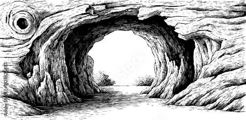 Engraved decorative illustration of hollow driftwood trench - nature and texture design