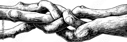 Engraved decorative illustration of interlocked willow branches for vintage design projects