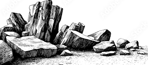 Engraved decorative illustration of irregular basalt cliff formation for design
