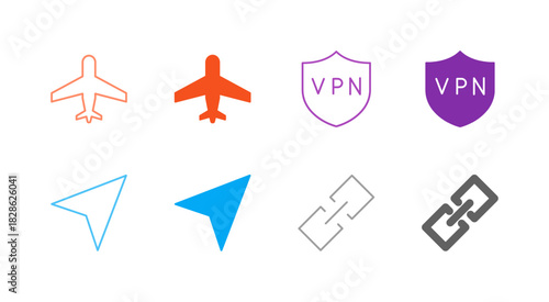 Flat Colored VPN and Sharing Icon Set in Outline and Solid Style for Secure Connection and Data Transfer