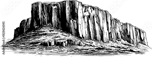 Engraved decorative illustration of basalt cliff in vintage style for design