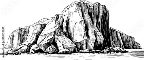 Engraved decorative illustration of irregular basalt cliff for retro design and art projects