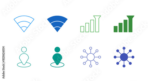 Flat Colored Wi-Fi and Network Icon Set in Outline and Solid Style for Connectivity and Signal Status